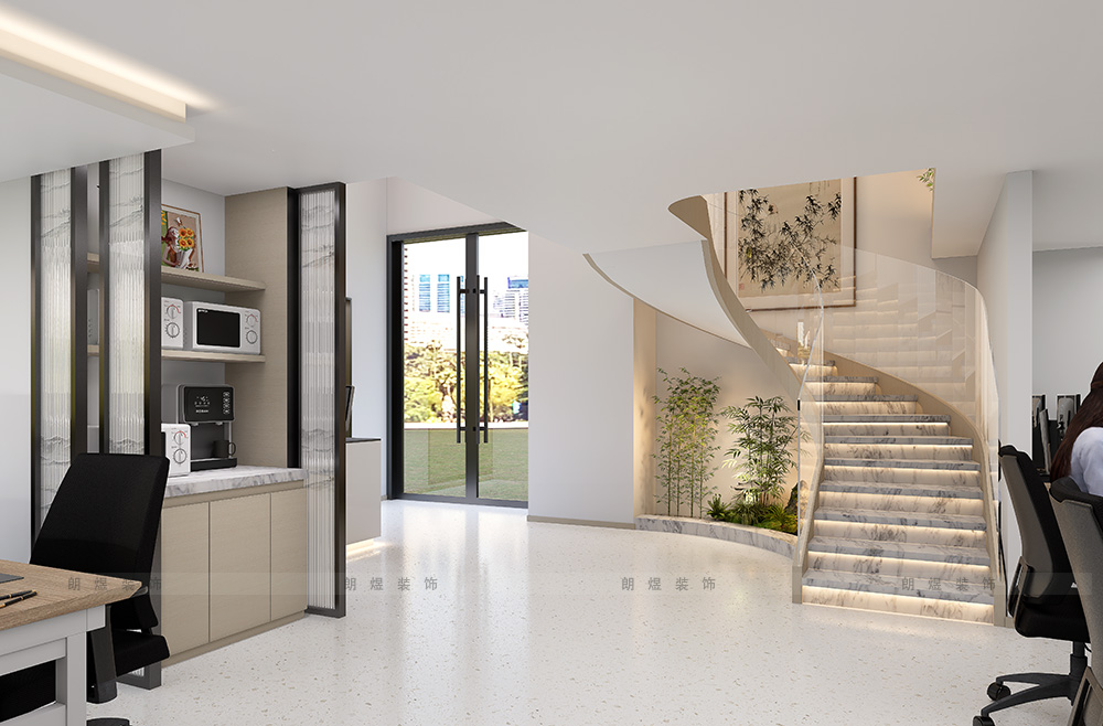 辦公室一層辦公茶水臺區域裝修效果圖